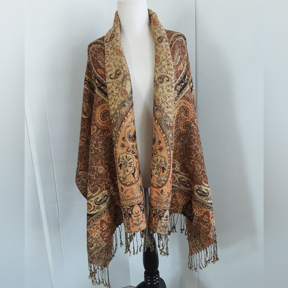 Genuine Pashmina Toffee Gold Metallic Paisley NWOT